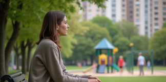 Enfant : pourquoi ne plus en désirer ? Les raisons et les impacts à connaître Femme contemplative assise dans un parc urbain avec aire de jeux