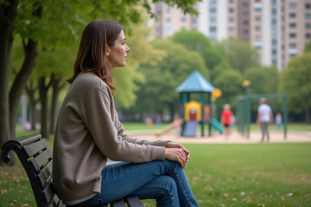 Femme contemplative assise dans un parc urbain avec aire de jeux
