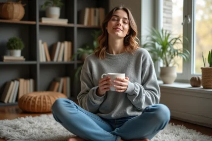 Femme assise sur un tapis dans un intérieur chaleureux