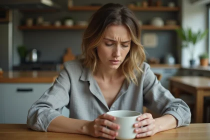 Femme seule à une table de cuisine après une dispute, tenant un mug, expression pensive et mélancolique