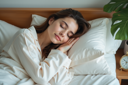 Femme endormie dans un lit avec pyjamas en coton doux