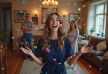 Idées originales pour célébrer un anniversaire : surprises et inspirations ! Femme surprise lors d'une fête d'anniversaire avec confetti