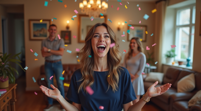 Femme surprise lors d'une fête d'anniversaire avec confetti