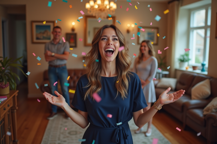 Femme surprise lors d'une fête d'anniversaire avec confetti