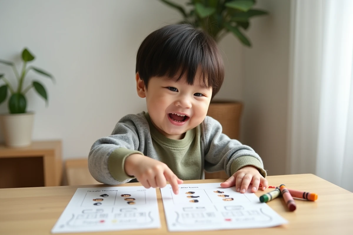 Garçon de 2-3 ans pointant des fiches de comptage imprimées sur une table basse, activité petite section maternelle sans écran pour apprendre les chiffres