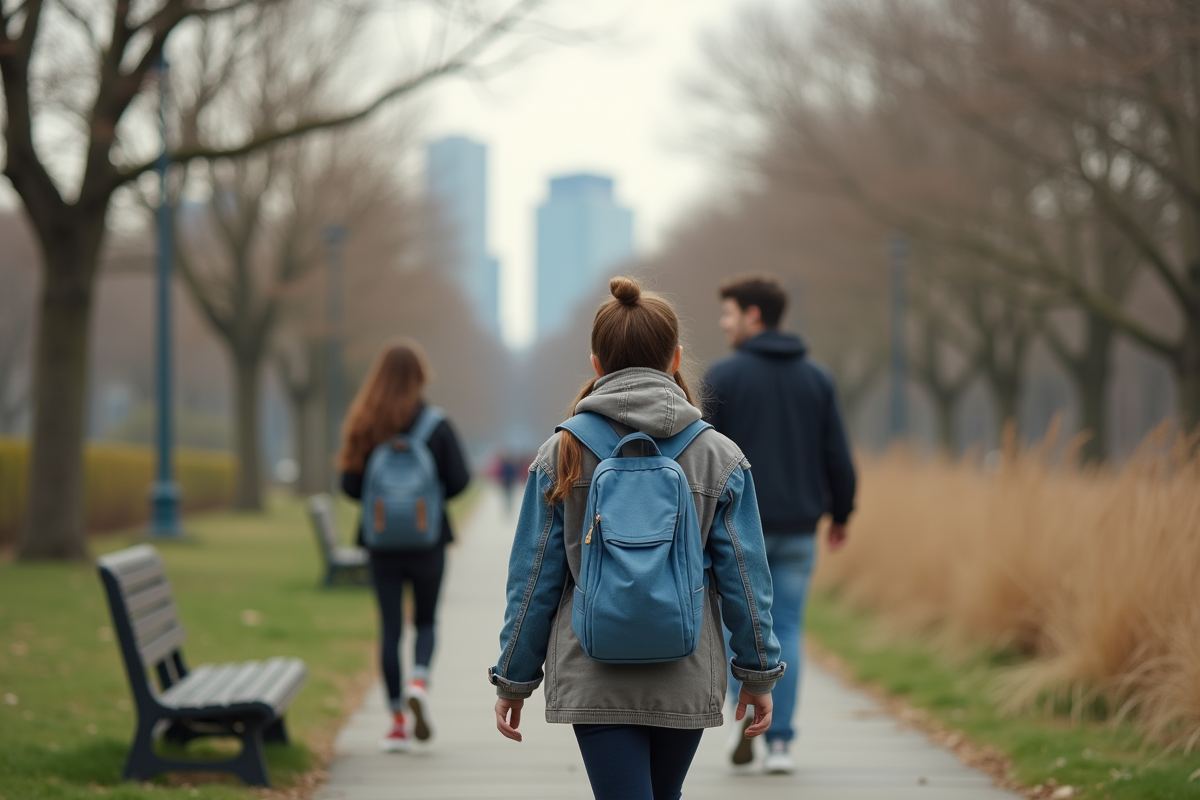 Fille de 15 ans marche dans un parc au printemps