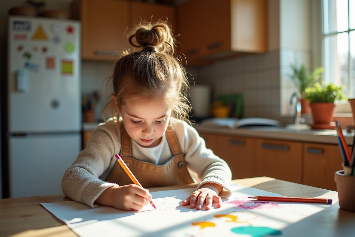 Fille dessinant avec des crayons dans une cuisine lumineuse