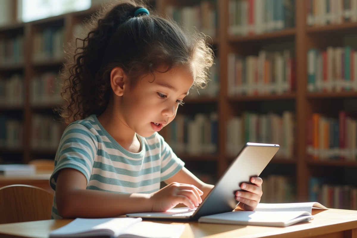 Fille de 11 ans utilisant une tablette dans une bibliothèque scolaire