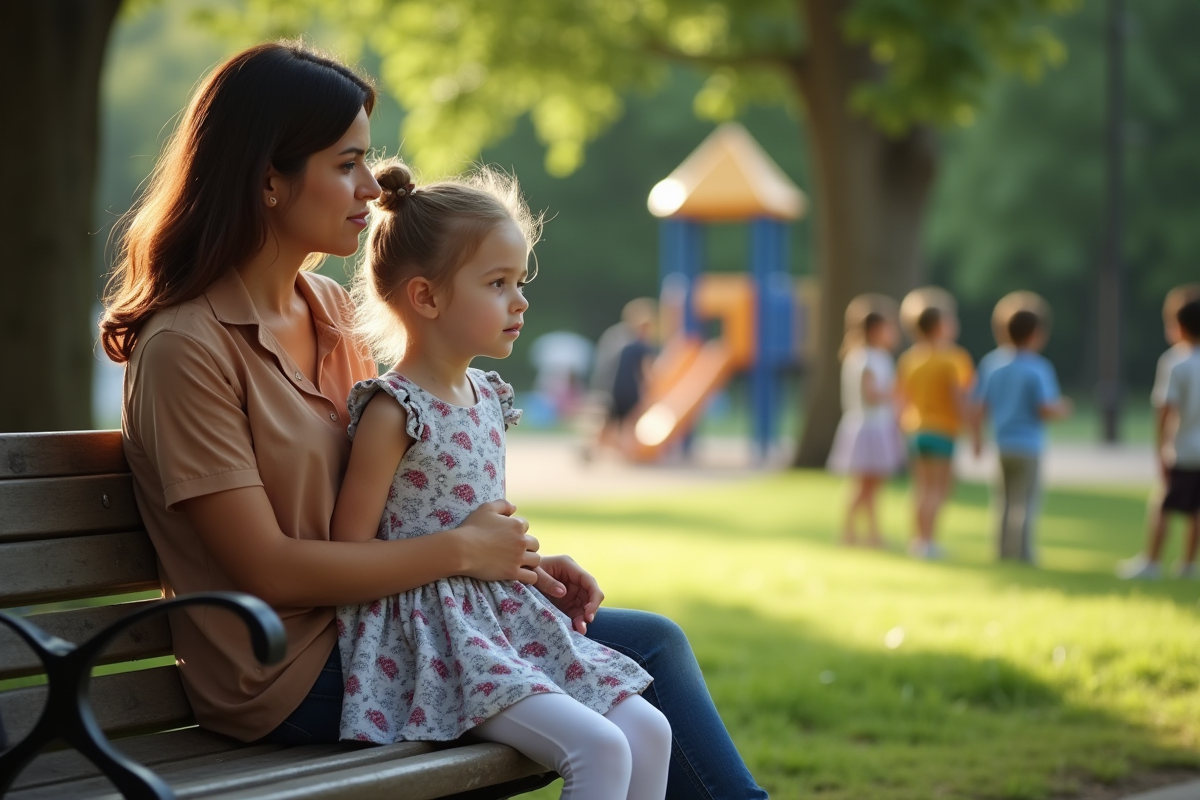 Fille de quatre ans assise sur un banc dans un parc avec sa mère