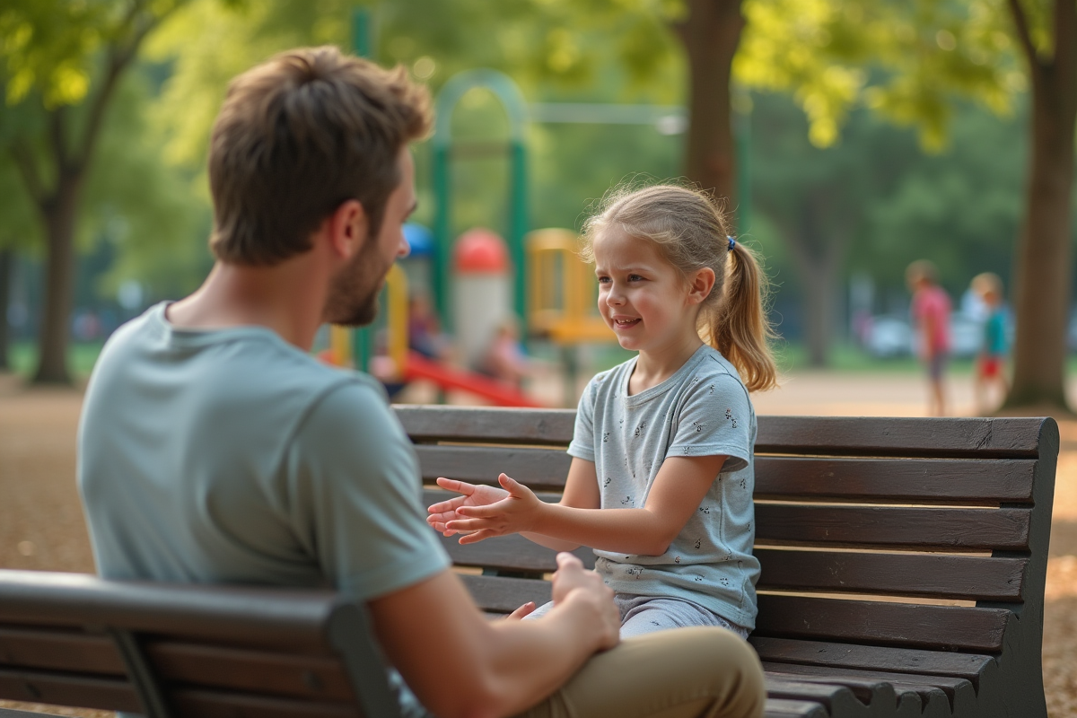 Fille de 7 ans triste assise sur un banc de parc avec son père