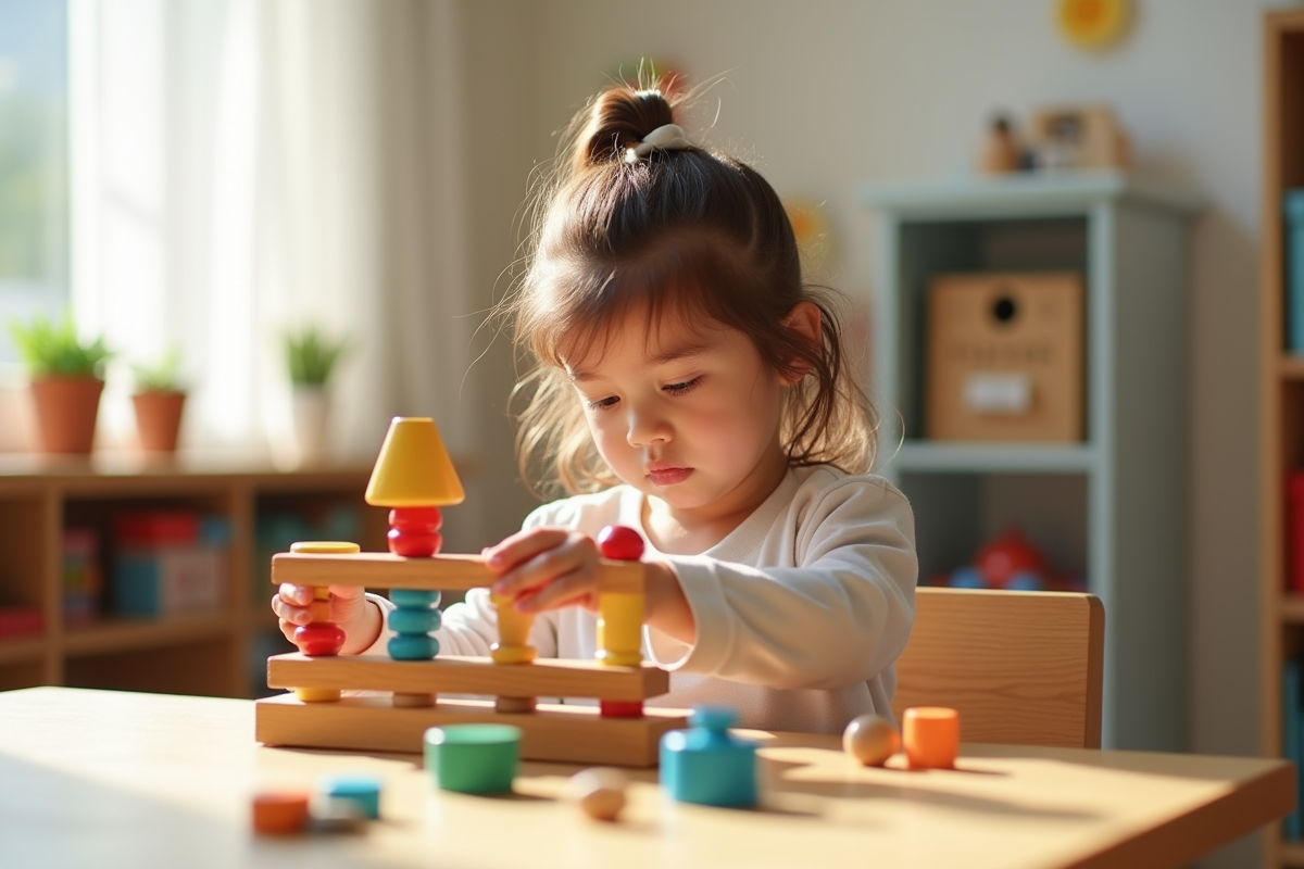 Jeune fille empilant blocs Montessori colorés à une table lumineuse