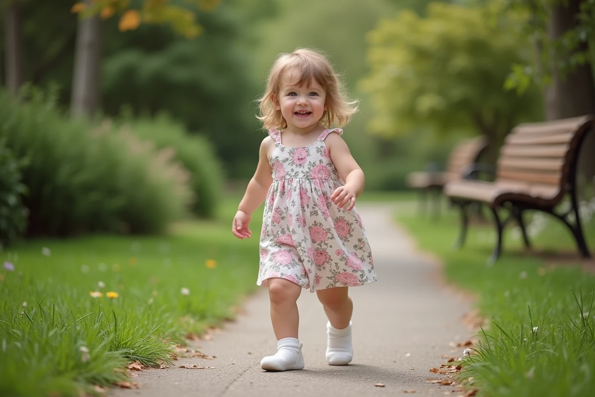 Jeune fille marchant dans un parc en robe fleurie