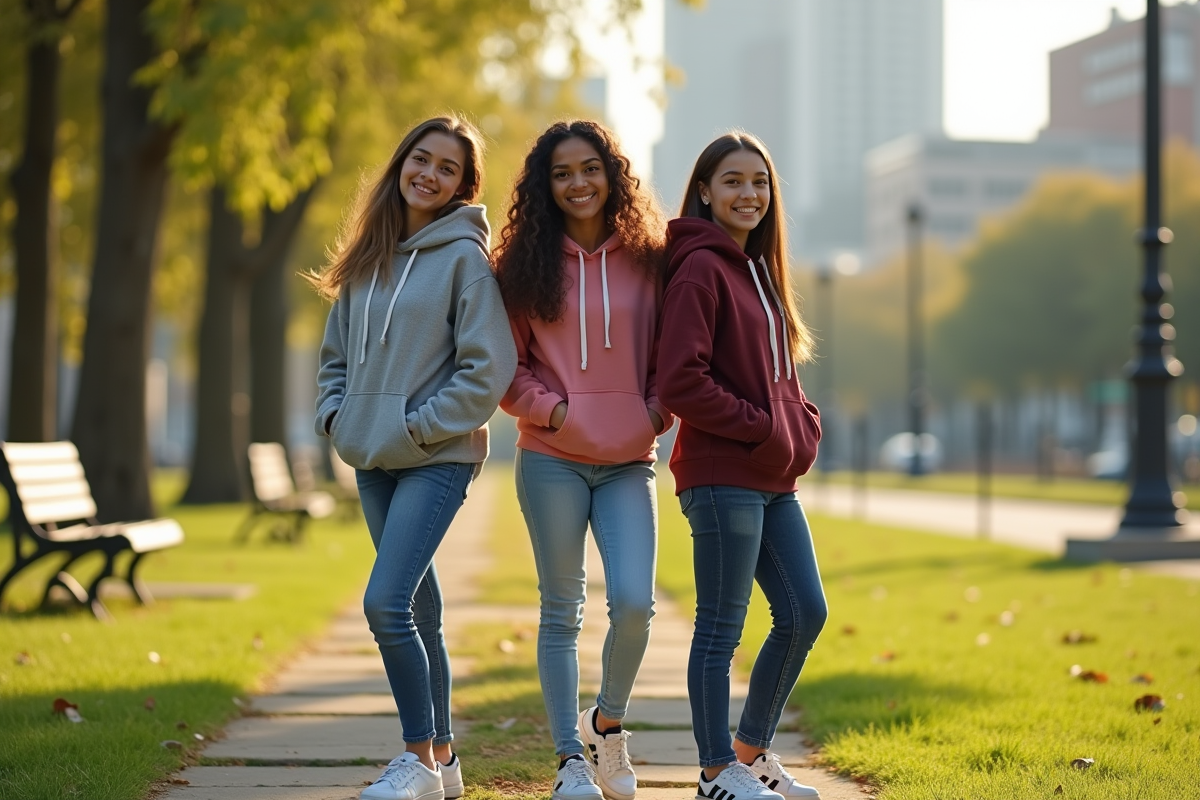 Trois filles de 15 ans comparant leur taille dans un parc urbain