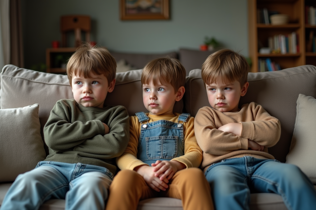 Trois frères assis sur un canapé en famille avec tension silencieuse