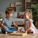 Deux jeunes enfants jouent ensemble en famille