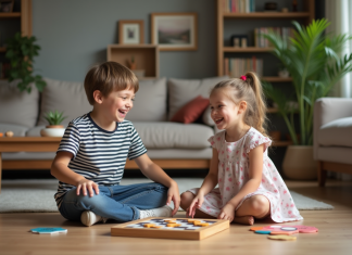 Deux jeunes enfants jouent ensemble en famille