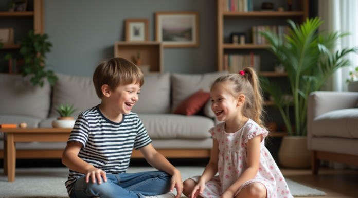 Deux jeunes enfants jouent ensemble en famille
