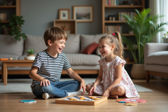 Deux jeunes enfants jouent ensemble en famille
