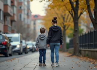 Garçon de 11 ans dans la rue urbaine en après-midi