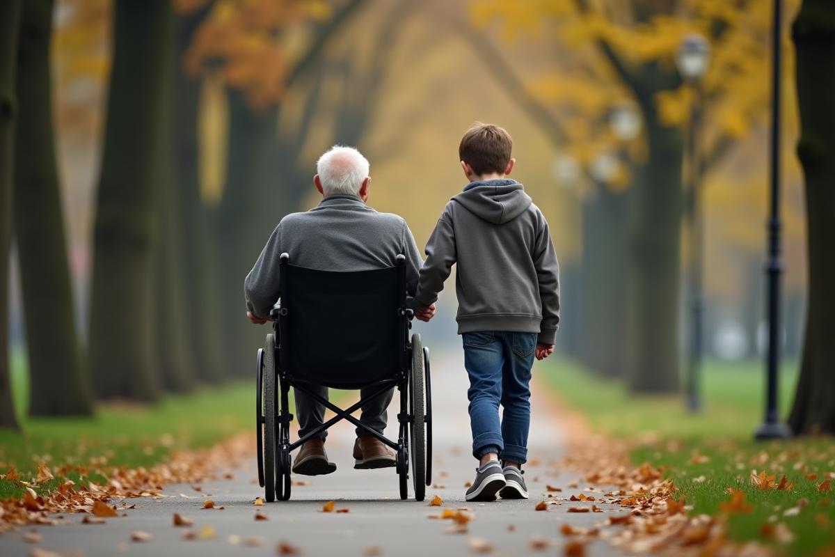 Garçon pousse son père en fauteuil dans un parc