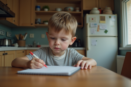 Jeune garçon de 9 ans dessinant à la table de cuisine