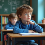 Enfant qui n’aime pas l’école : astuces pour l’aider à s’épanouir en classe Garçon de 8 ans pensif dans une classe colorée