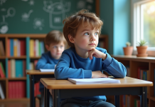 Enfant qui n’aime pas l’école : astuces pour l’aider à s’épanouir en classe Garçon de 8 ans pensif dans une classe colorée