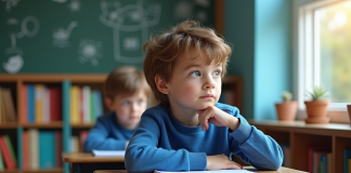 Enfant qui n’aime pas l’école : astuces pour l’aider à s’épanouir en classe Garçon de 8 ans pensif dans une classe colorée