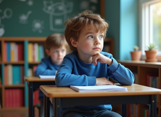 Garçon de 8 ans pensif dans une classe colorée