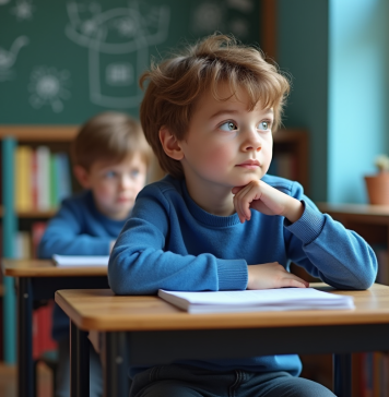 Enfant qui n’aime pas l’école : astuces pour l’aider à s’épanouir en classe Garçon de 8 ans pensif dans une classe colorée