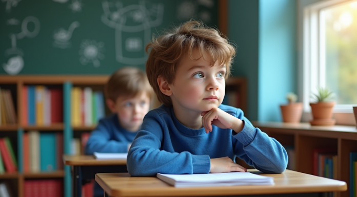 Enfant qui n’aime pas l’école : astuces pour l’aider à s’épanouir en classe Garçon de 8 ans pensif dans une classe colorée