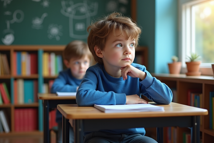 Garçon de 8 ans pensif dans une classe colorée