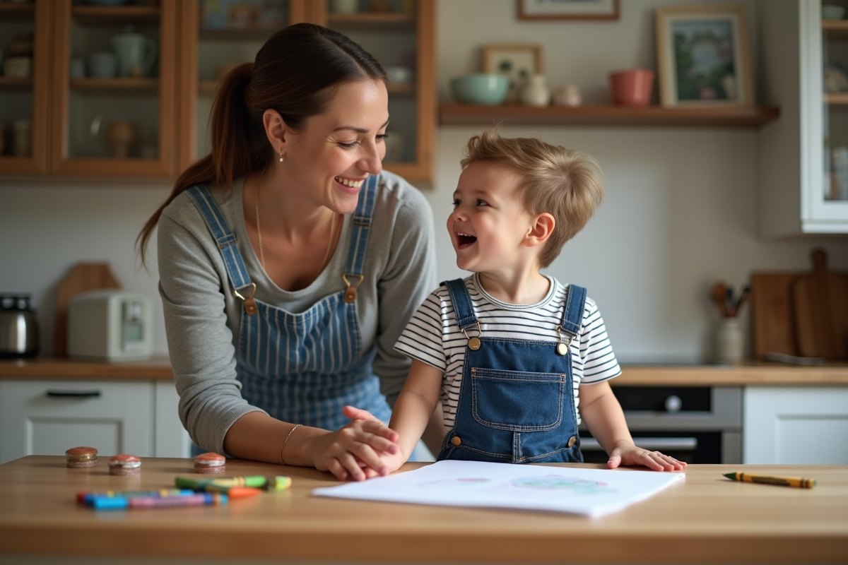 Jeune garçon riant avec sa mère à la table de cuisine