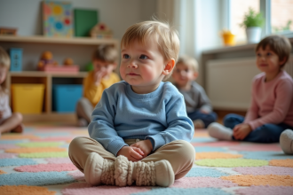 Garçon de trois ans en pull bleu assis sur un tapis coloré