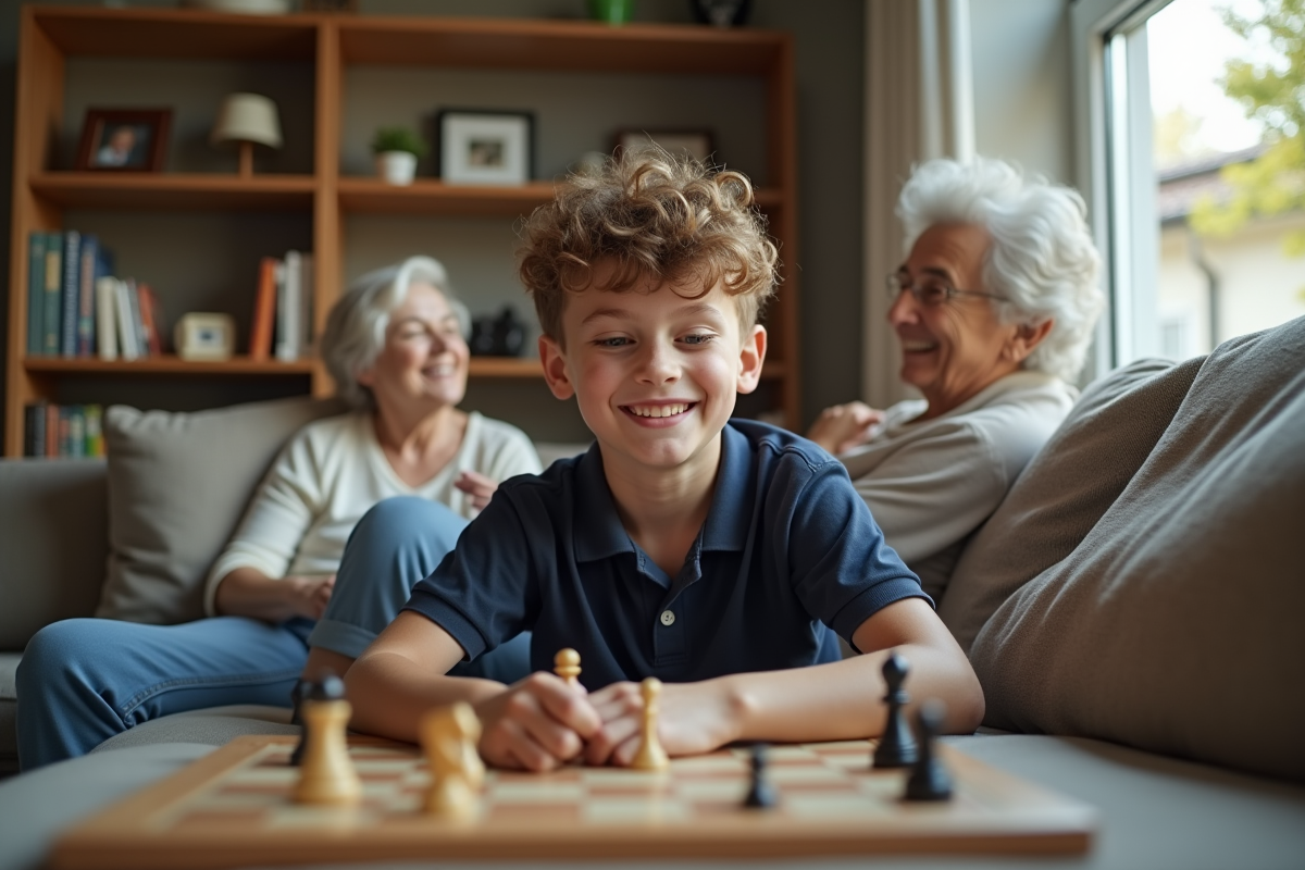 Garçon jouant avec sa grand-mère dans un salon chaleureux