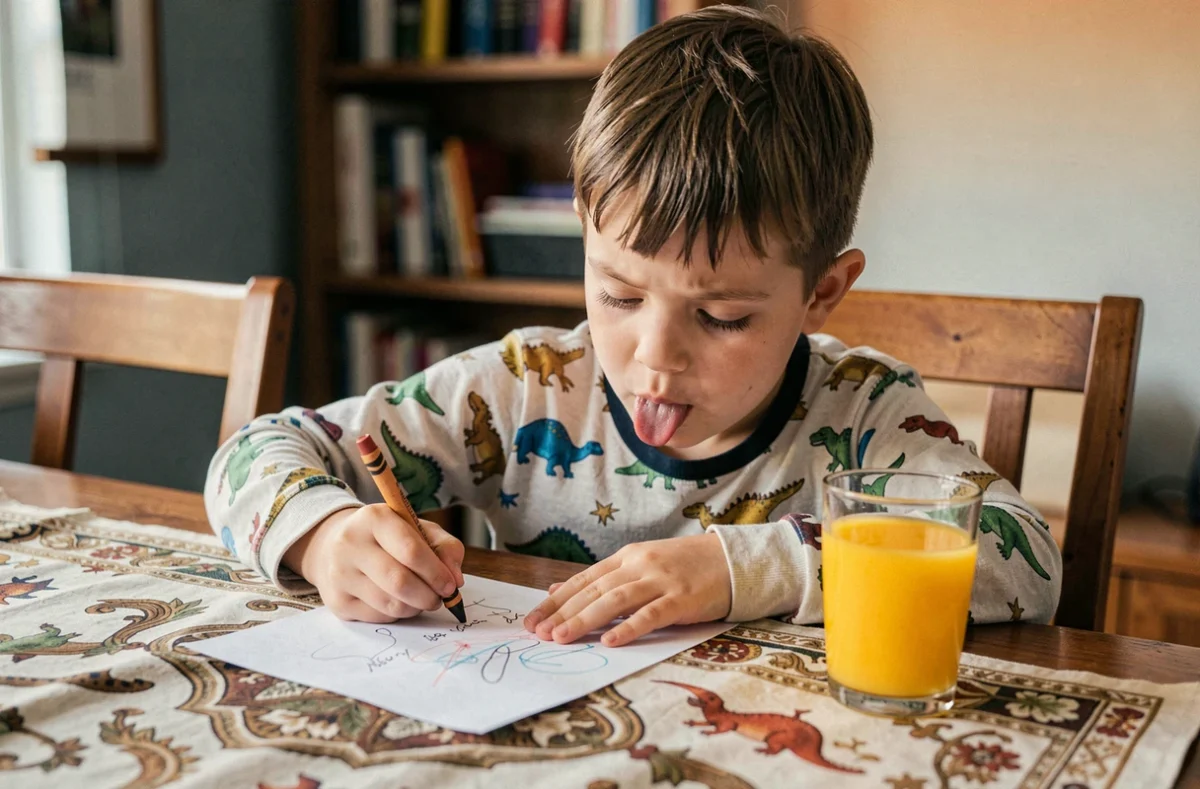 Garçon en pyjama dinosaure écrivant sérieusement une lettre au crayon à table, moment attendrissant et amusant du quotidien enfantin