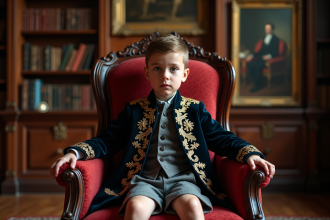 Garçon en velours sur un trône ancien dans une bibliothèque