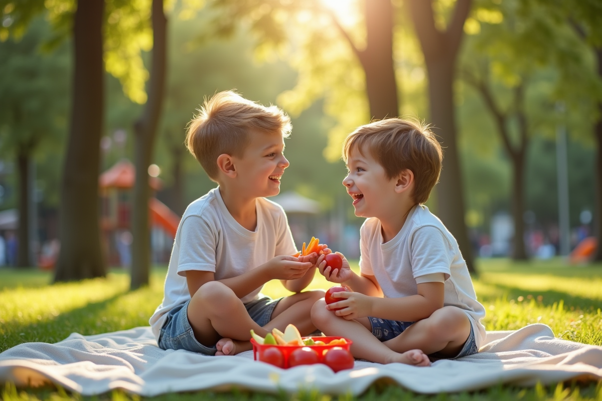 Deux garçons partageant un pique-nique dans un parc ensoleille