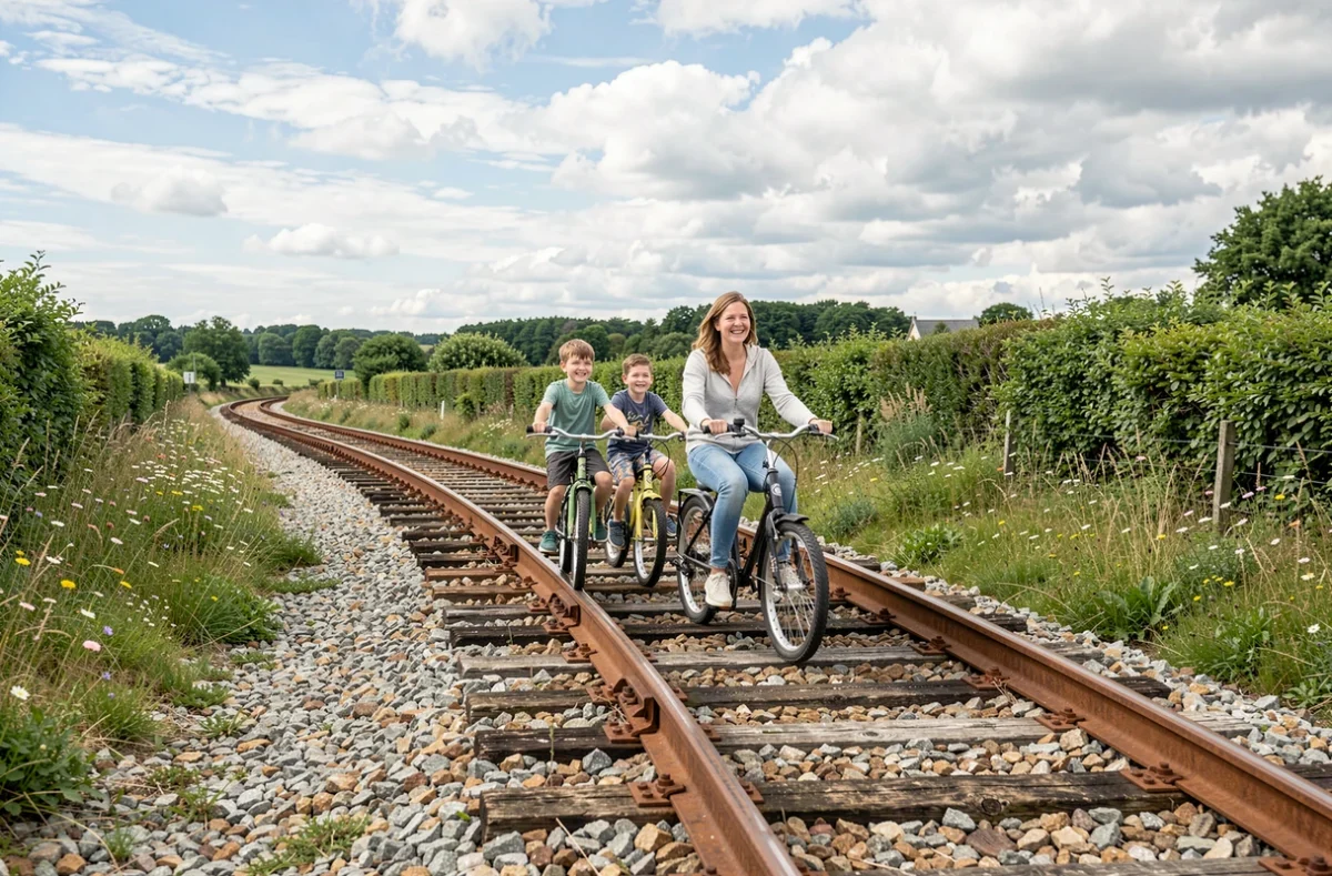 Famille pédalant sur un vélo-rail le long d'une voie ferrée à Médréac