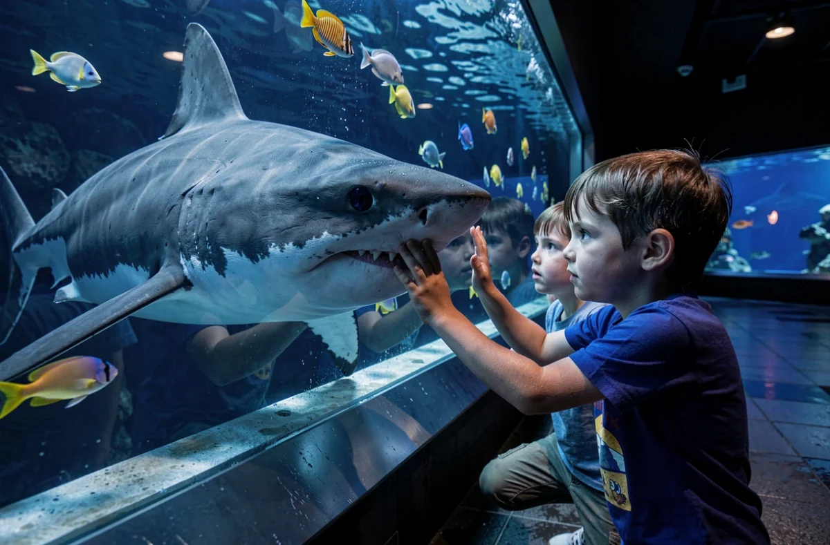 Enfants émerveillés devant les requins au Grand Aquarium de Saint-Malo