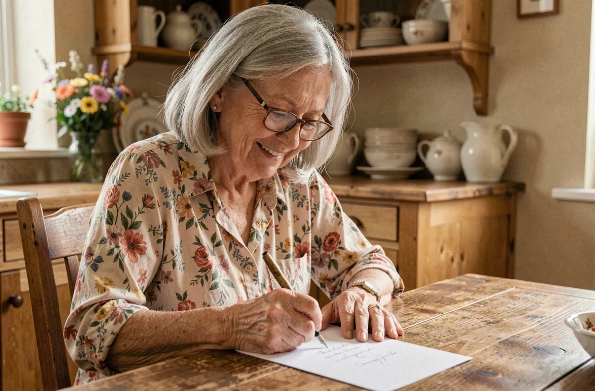 Grand-mère écrivant un message de baptême à la main sur une carte, assise à une table en bois dans une cuisine de campagne chaleureuse