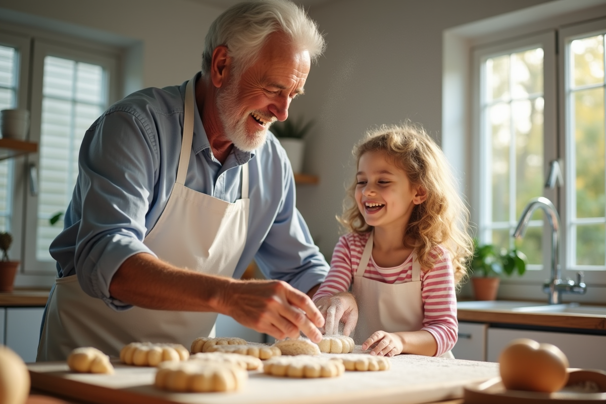 Grandfather et petite fille cuisinant des cookies en cuisine