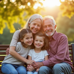 Grandparents souriants avec petits enfants dans le parc