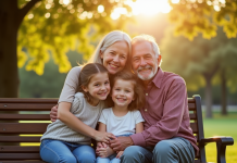 Grandparents souriants avec petits enfants dans le parc