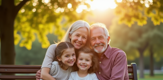 Grandparents souriants avec petits enfants dans le parc
