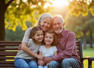 Grandparents souriants avec petits enfants dans le parc