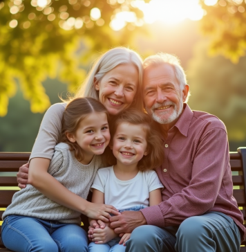 Grands-parents : leur grand amour pour leurs petits-enfants Grandparents souriants avec petits enfants dans le parc