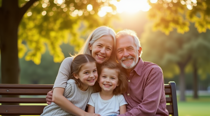 Grandparents souriants avec petits enfants dans le parc