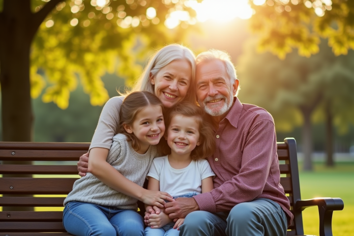 Grandparents souriants avec petits enfants dans le parc