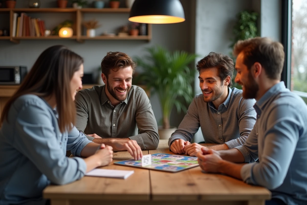 Groupe de quatre adultes jouant à Trivial Pursuit dans un appartement moderne, l'un tenant une carte question pendant que les autres écoutent attentivement autour du plateau
